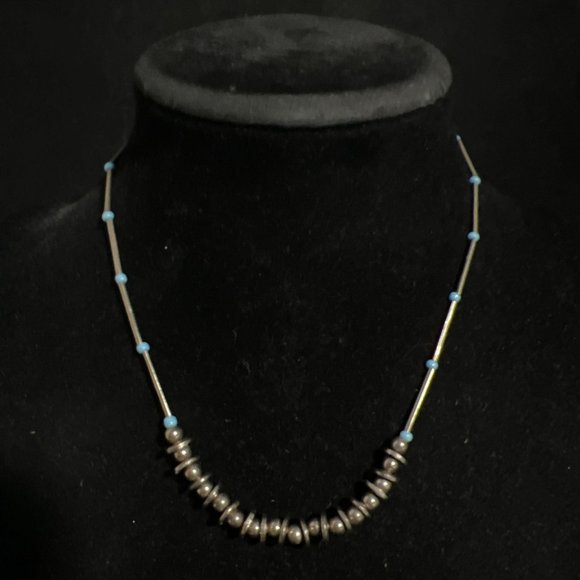 Silver Tone Choker Necklace With Aqua Beads (369) - Picture 1 of 5